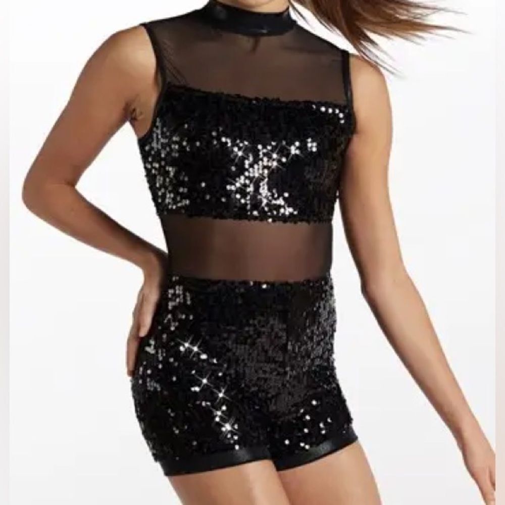 Weissman Black Sequin Mesh Two-Piece Dance Costume